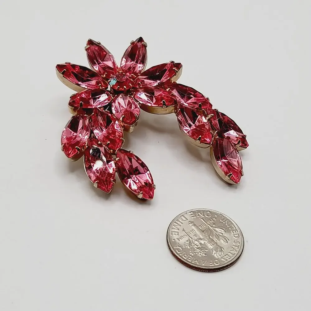 Vintage Pink Rhinestone Floral Spray Brooch AB Center Gold Tone 2.25”
